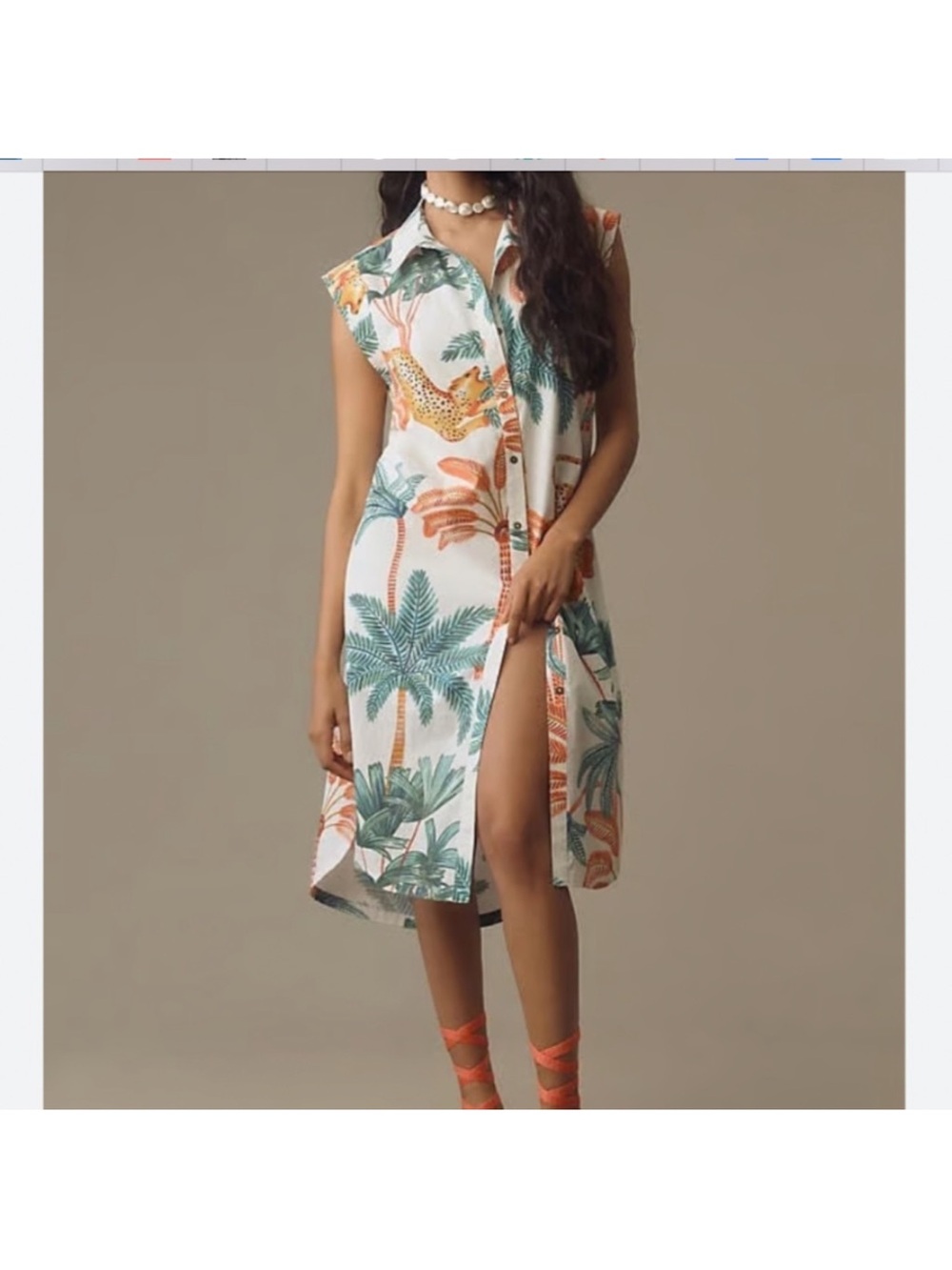 Anthropologie Maeve White Maxi Dress with Orange Jaguar & Green Palm PTP 18
